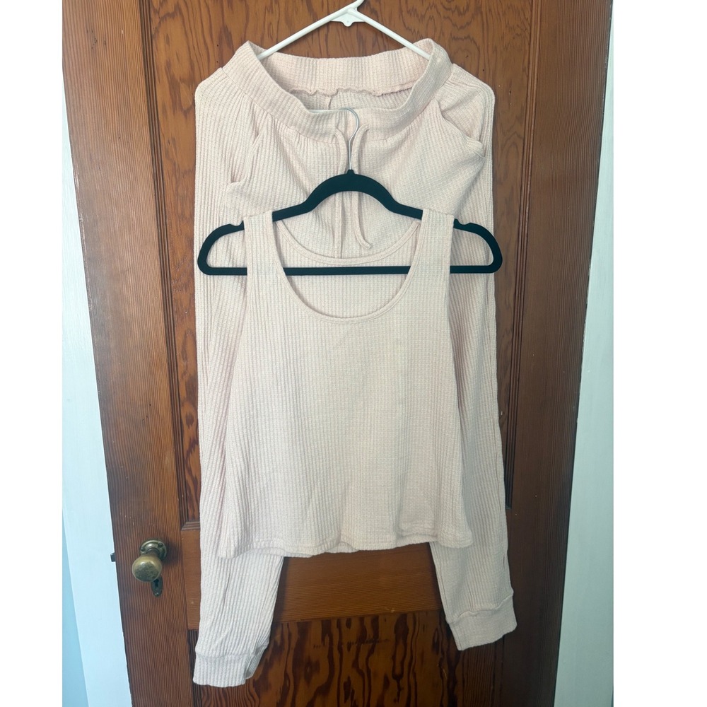 Waffle Knit Lounge Set Beige Tank Top and Joggers Size Medium Neutral